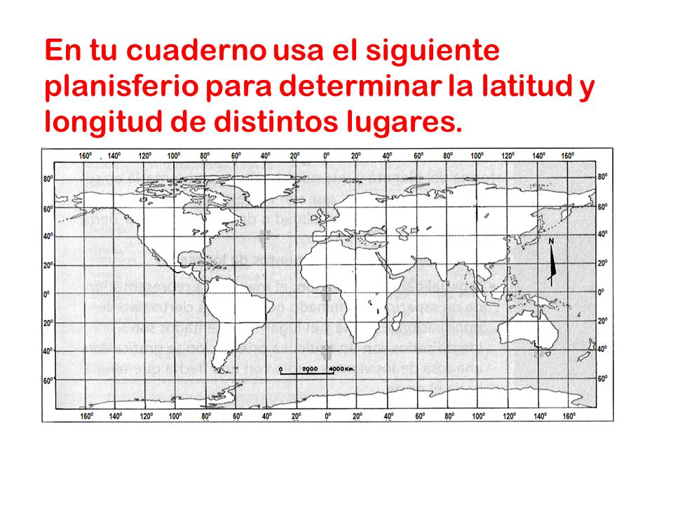 En tu cuaderno usa el siguiente planisferio para determinar la latitud y longitud de distintos lugares.