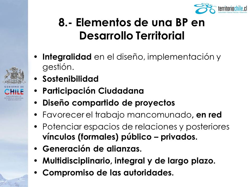8.- Elementos de una BP en Desarrollo Territorial