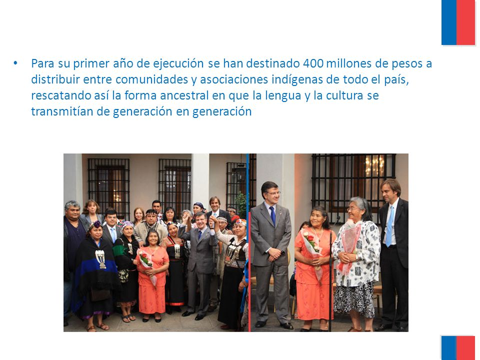 Para su primer año de ejecución se han destinado 400 millones de pesos a distribuir entre comunidades y asociaciones indígenas de todo el país, rescatando así la forma ancestral en que la lengua y la cultura se transmitían de generación en generación