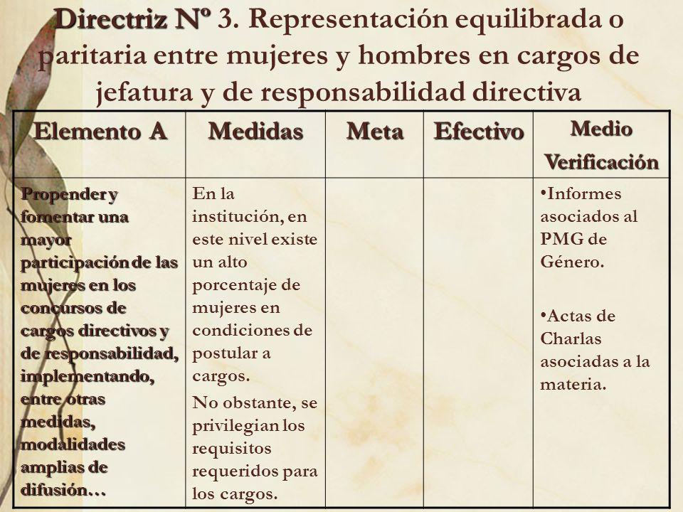Directriz Nº 3. Representación equilibrada o paritaria entre mujeres y hombres en cargos de jefatura y de responsabilidad directiva