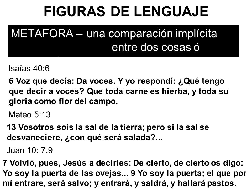 FIGURAS DE LENGUAJE METAFORA – una comparación implícita entre dos cosas ó conceptos. Isaías 40:6.