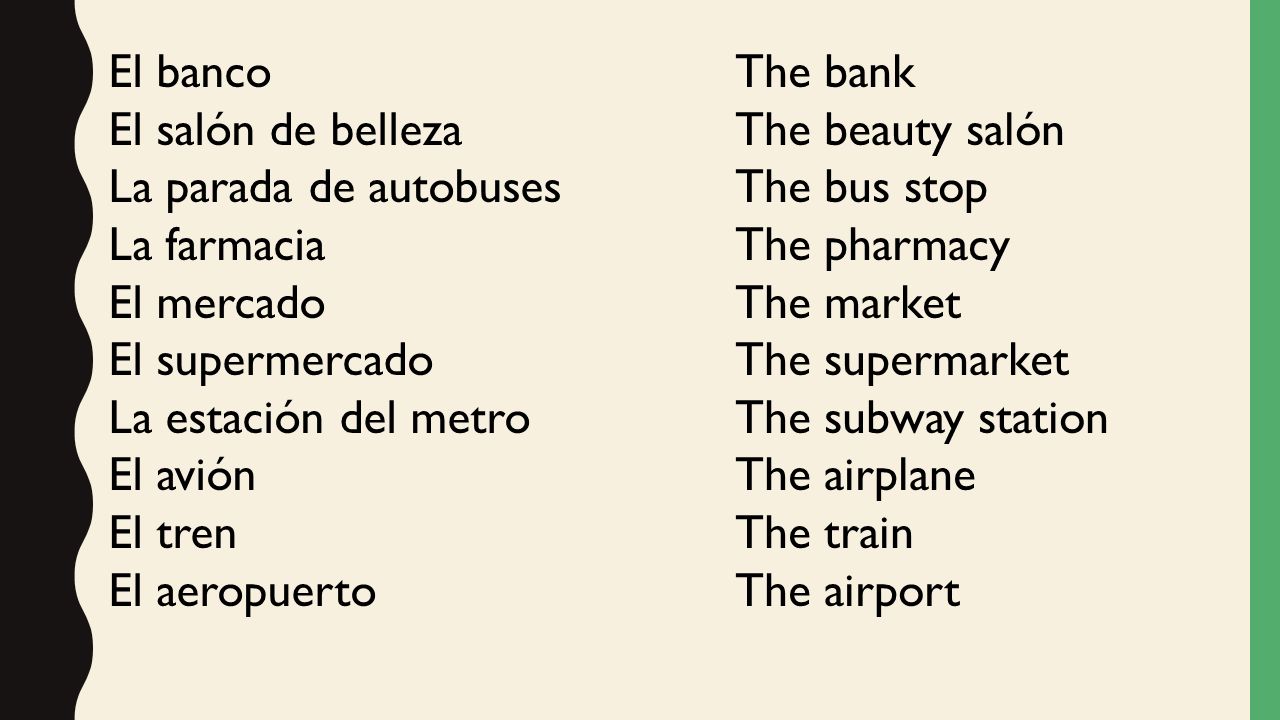 El banco El salón de belleza. La parada de autobuses. La farmacia. El mercado. El supermercado.
