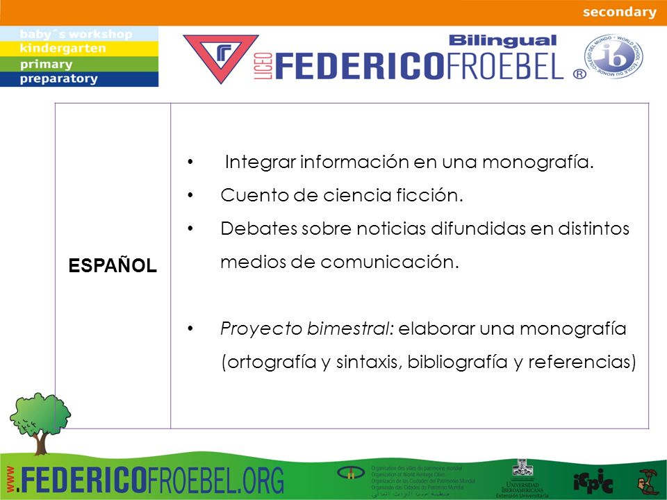 ESPAÑOL Integrar información en una monografía. Cuento de ciencia ficción. Debates sobre noticias difundidas en distintos.