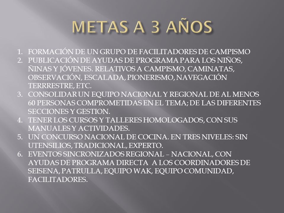 METAS A 3 AÑOS FORMACIÓN DE UN GRUPO DE FACILITADORES DE CAMPISMO