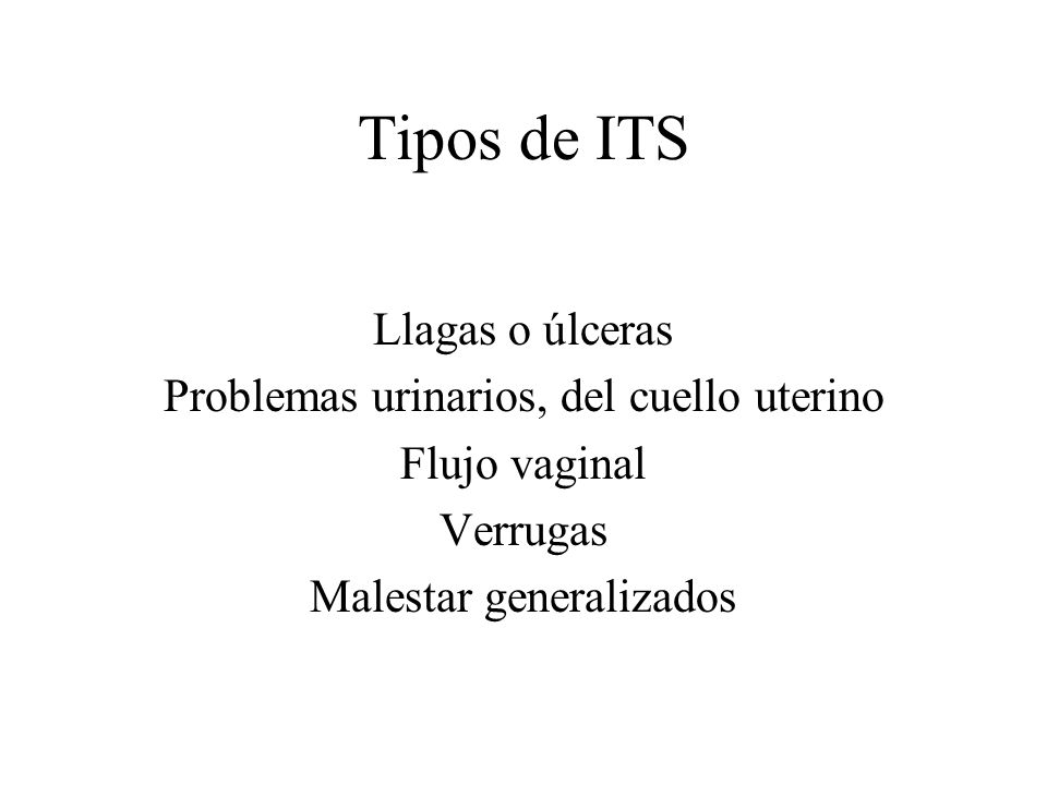 Tipos de ITS Llagas o úlceras Problemas urinarios, del cuello uterino