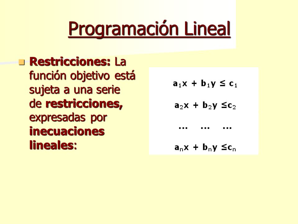 Programación Lineal Restricciones: La función objetivo está sujeta a una serie de restricciones, expresadas por inecuaciones lineales: