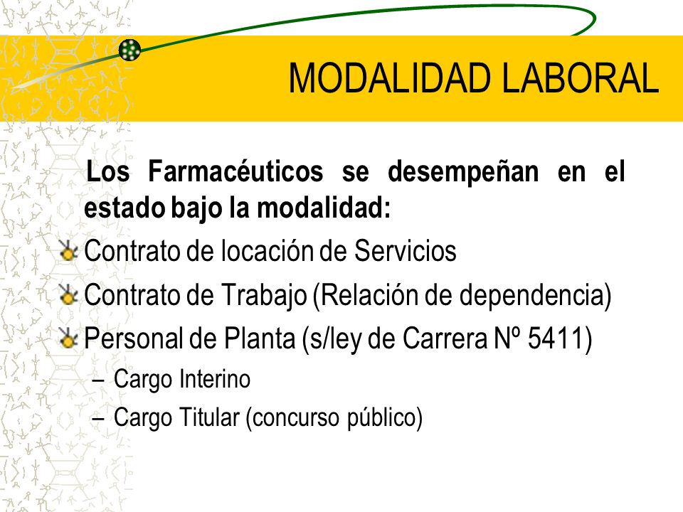 MODALIDAD LABORAL Los Farmacéuticos se desempeñan en el estado bajo la modalidad: Contrato de locación de Servicios.