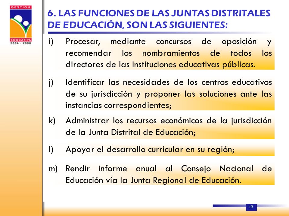 6. LAS FUNCIONES DE LAS JUNTAS DISTRITALES DE EDUCACIÓN, SON LAS SIGUIENTES: