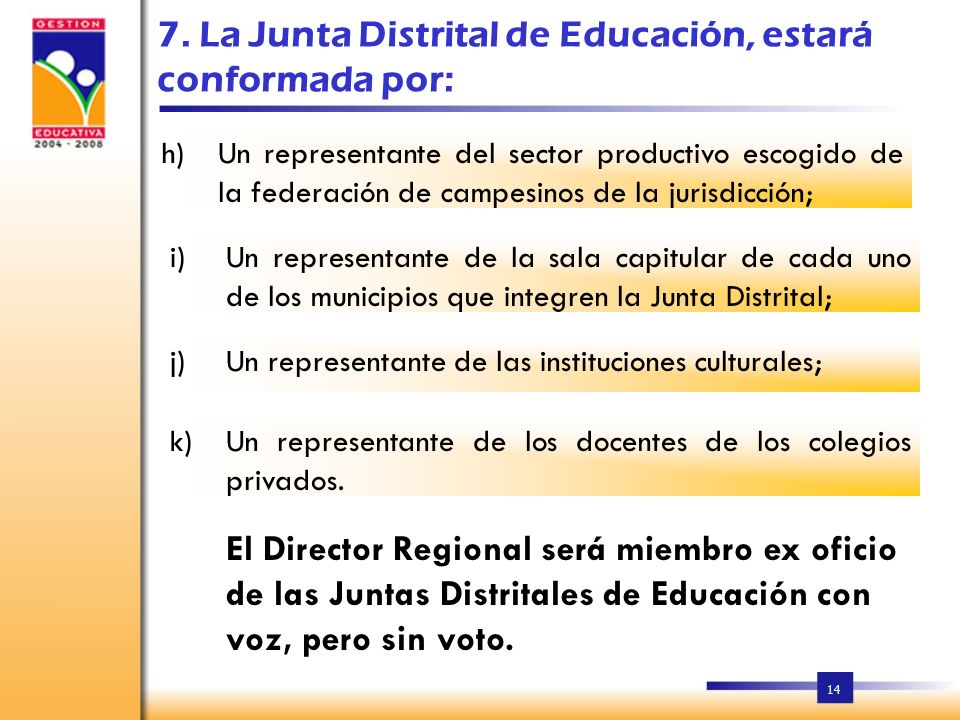 7. La Junta Distrital de Educación, estará conformada por: