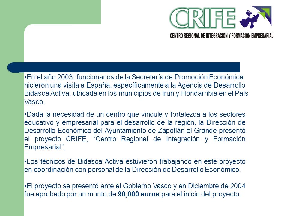 En el año 2003, funcionarios de la Secretaría de Promoción Económica hicieron una visita a España, específicamente a la Agencia de Desarrollo Bidasoa Activa, ubicada en los municipios de Irún y Hondarribia en el País Vasco.