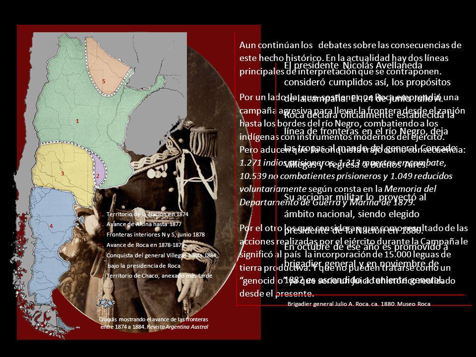 Aun continúan los debates sobre las consecuencias de este hecho histórico. En la actualidad hay dos líneas principales de interpretación que se contraponen. Por un lado la que sostiene que Roca emprendió una campaña agresiva para llevar la frontera desde el zanjón hasta los bordes del río Negro, combatiendo a los indígenas con instrumentos modernos del ejército. Pero aducen que la conquista trajo como consecuencia: indios prisioneros, muertos en combate, no combatientes prisioneros y reducidos voluntariamente según consta en la Memoria del Departamento de Guerra y Marina de Por el otro los que consideran que como resultado de las acciones realizadas por el ejército durante la Campaña le significó al país la incorporación de leguas de tierra productiva. Y que no pueden tratarse como un genocidio ya que sería un juicio ahistórico realizado desde el presente.