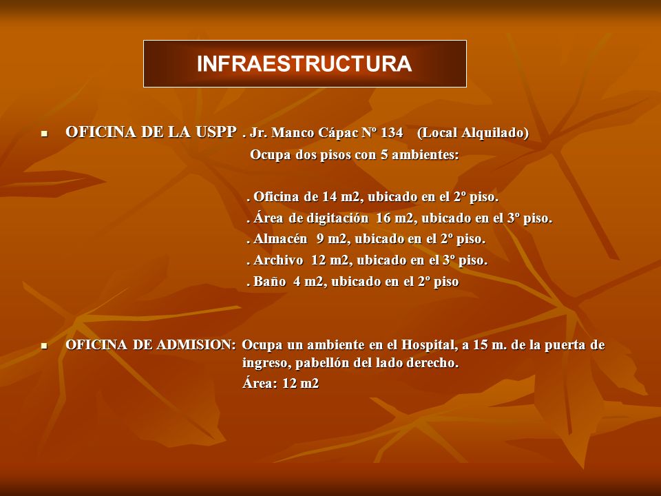 INFRAESTRUCTURA OFICINA DE LA USPP . Jr. Manco Cápac Nº 134 (Local Alquilado) Ocupa dos pisos con 5 ambientes: