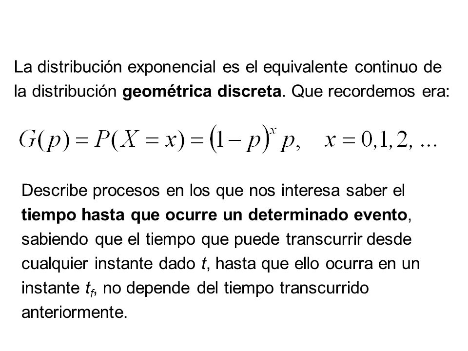 La distribución exponencial es el equivalente continuo de la distribución geométrica discreta. Que recordemos era: