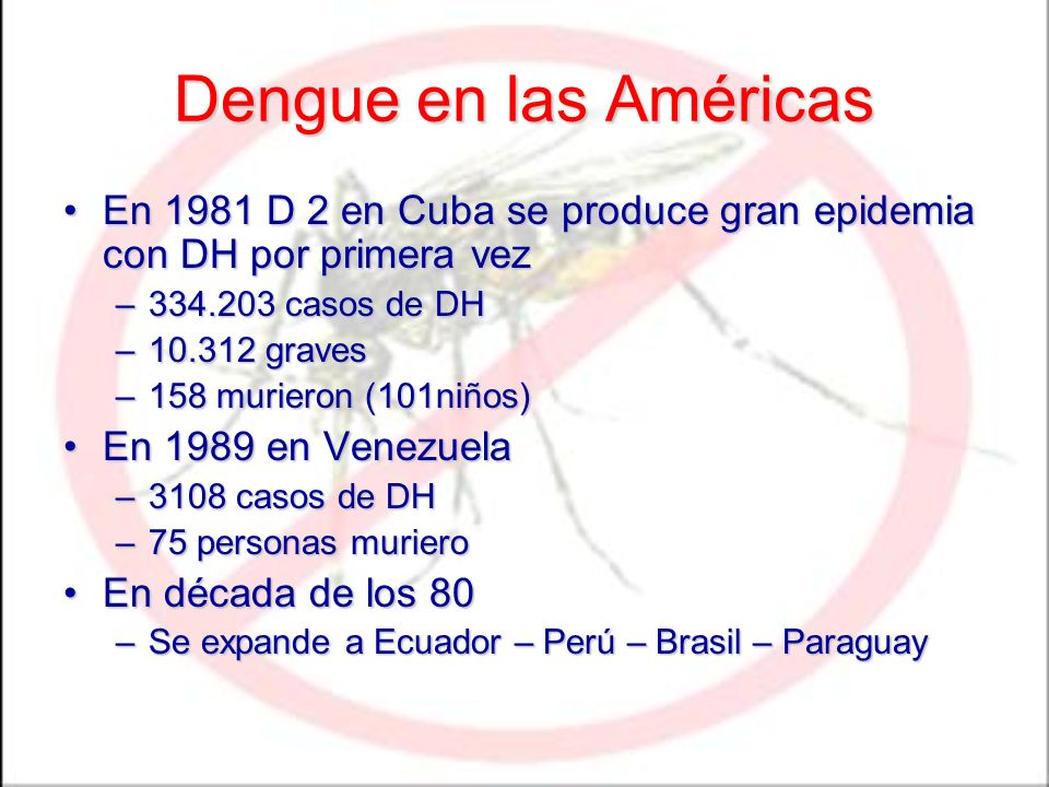 Dengue en las Américas En 1981 D 2 en Cuba se produce gran epidemia con DH por primera vez casos de DH.