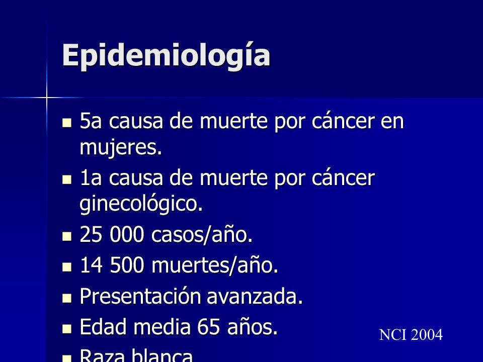 Epidemiología 5a causa de muerte por cáncer en mujeres.