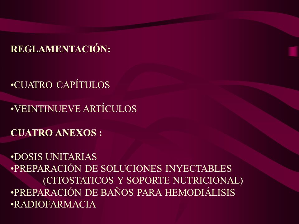 REGLAMENTACIÓN: CUATRO CAPÍTULOS. VEINTINUEVE ARTÍCULOS. CUATRO ANEXOS : DOSIS UNITARIAS. PREPARACIÓN DE SOLUCIONES INYECTABLES.
