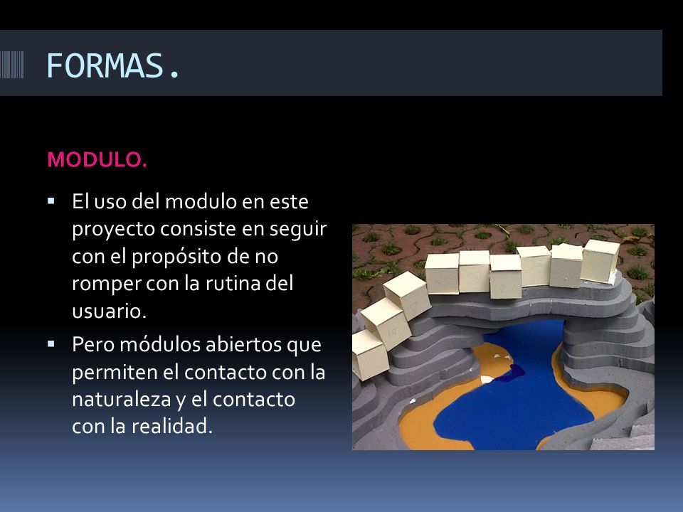 FORMAS. MODULO. El uso del modulo en este proyecto consiste en seguir con el propósito de no romper con la rutina del usuario.