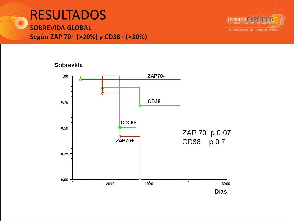 RESULTADOS SOBREVIDA GLOBAL Según ZAP 70+ (>20%) y CD38+ (>30%)