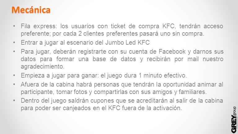 Mecánica Fila express: los usuarios con ticket de compra KFC, tendrán acceso preferente; por cada 2 clientes preferentes pasará uno sin compra.