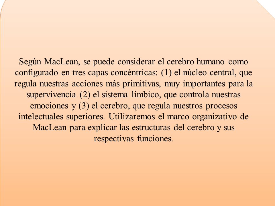 Según MacLean, se puede conside­rar el cerebro humano como configurado en tres ca­pas concéntricas: (1) el núcleo central, que regula nuestras acciones más primitivas, muy importantes para la supervivencia (2) el sistema lím­bico, que controla nuestras emociones y (3) el cerebro, que regula nuestros procesos intelectuales superiores.