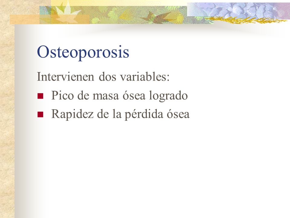 Osteoporosis Intervienen dos variables: Pico de masa ósea logrado