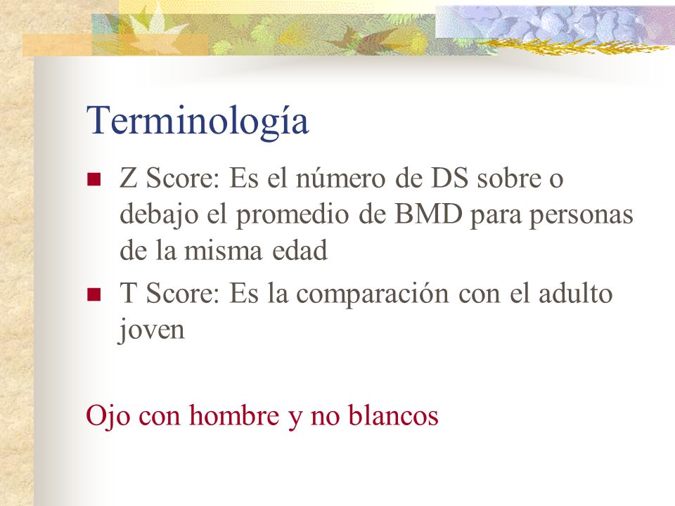 Terminología Z Score: Es el número de DS sobre o debajo el promedio de BMD para personas de la misma edad.