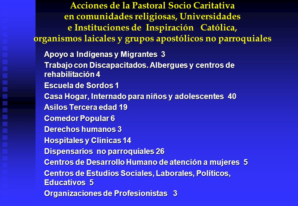 Acciones de la Pastoral Socio Caritativa en comunidades religiosas, Universidades e Instituciones de Inspiración Católica, organismos laicales y grupos apostólicos no parroquiales