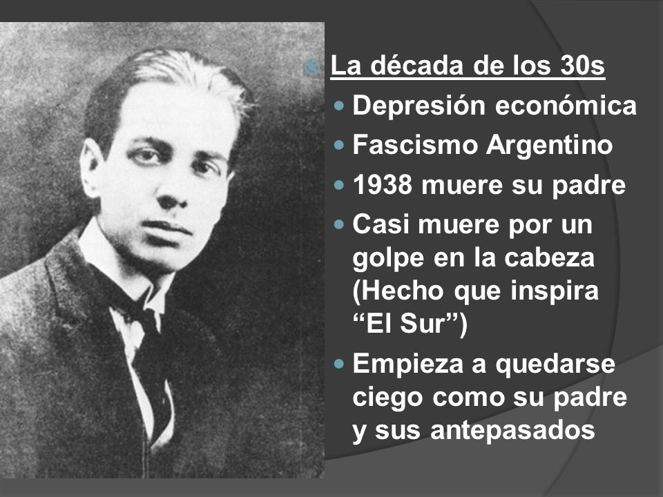 La década de los 30s Depresión económica. Fascismo Argentino muere su padre.