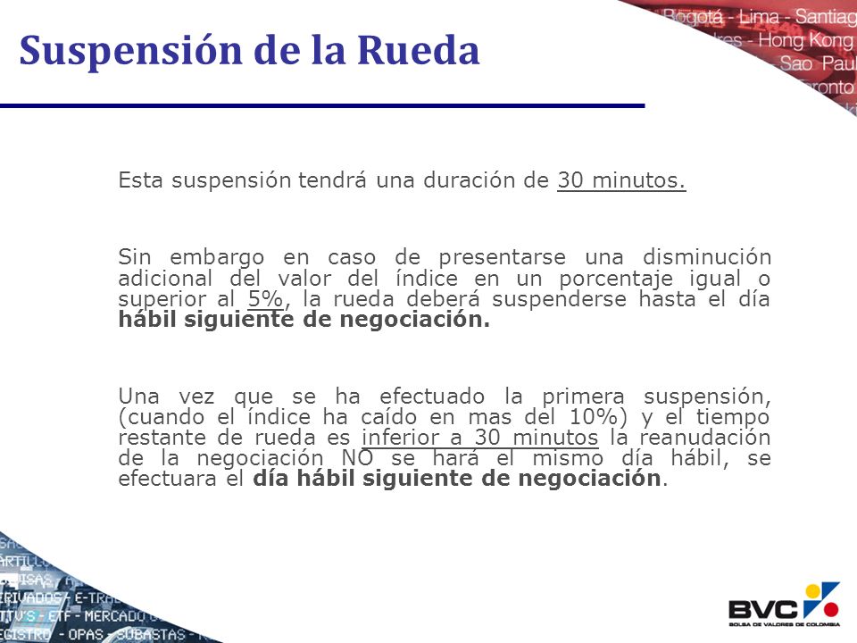 Suspensión de la Rueda Esta suspensión tendrá una duración de 30 minutos.