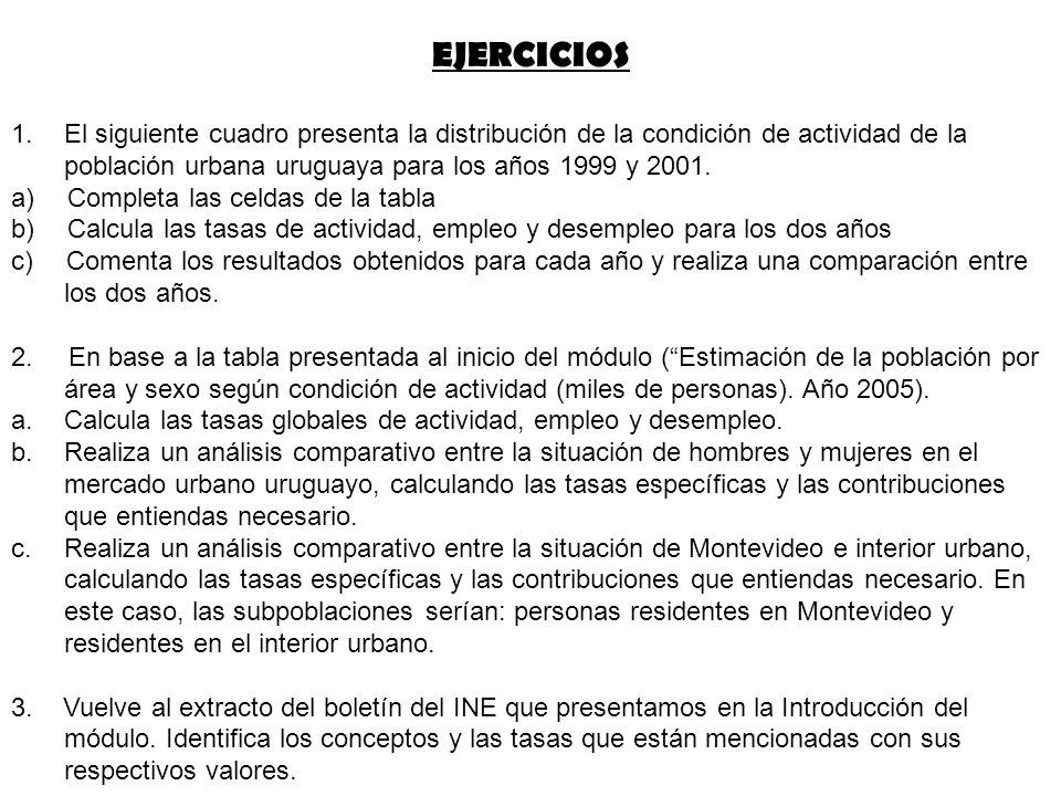 EJERCICIOS El siguiente cuadro presenta la distribución de la condición de actividad de la población urbana uruguaya para los años 1999 y