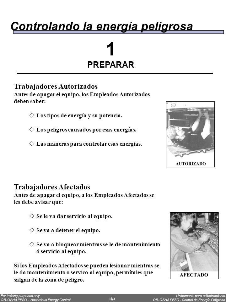 1 Controlando la energía peligrosa PREPARAR Trabajadores Autorizados