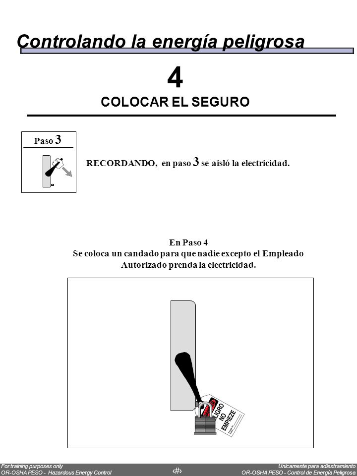 4 Controlando la energía peligrosa COLOCAR EL SEGURO Paso 3