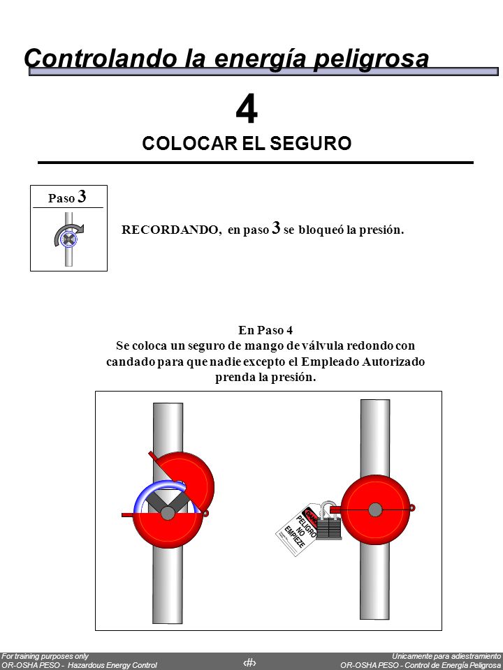 4 Controlando la energía peligrosa COLOCAR EL SEGURO Paso 3