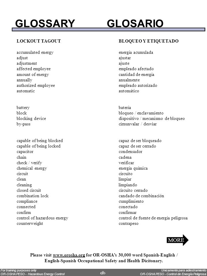 GLOSSARY GLOSARIO MORE LOCKOUT TAGOUT BLOQUEO Y ETIQUETADO