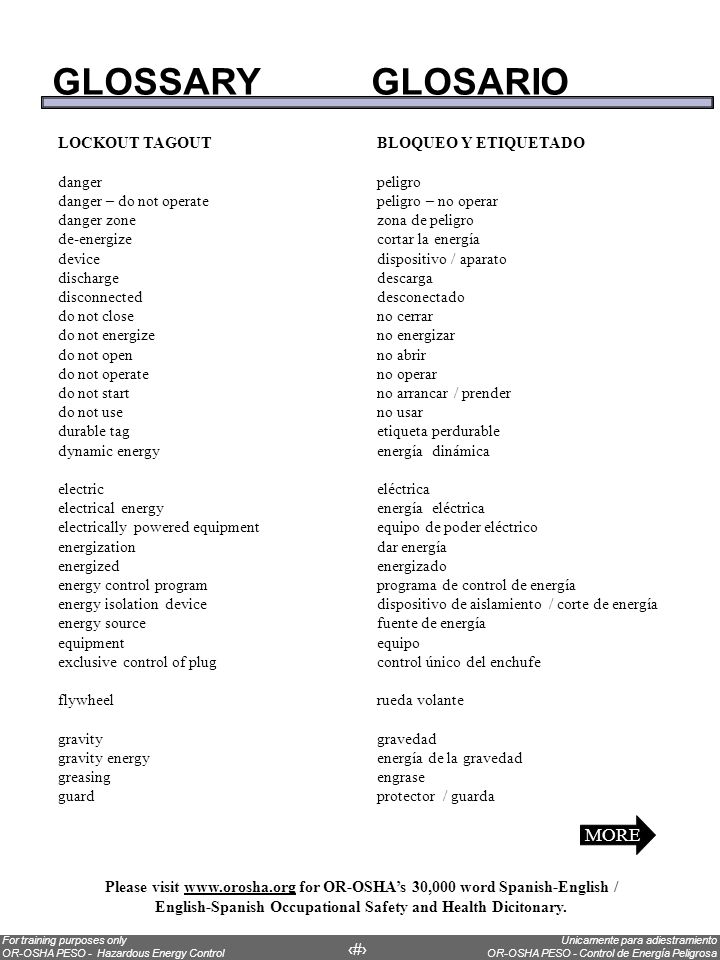 GLOSSARY GLOSARIO MORE LOCKOUT TAGOUT BLOQUEO Y ETIQUETADO