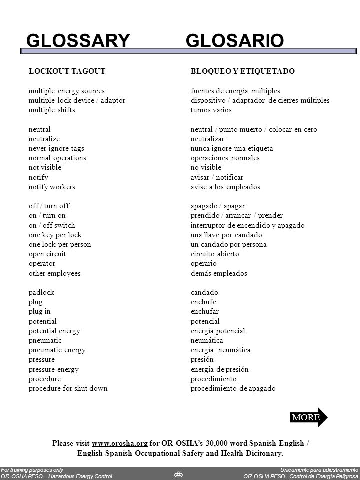 GLOSSARY GLOSARIO MORE LOCKOUT TAGOUT BLOQUEO Y ETIQUETADO
