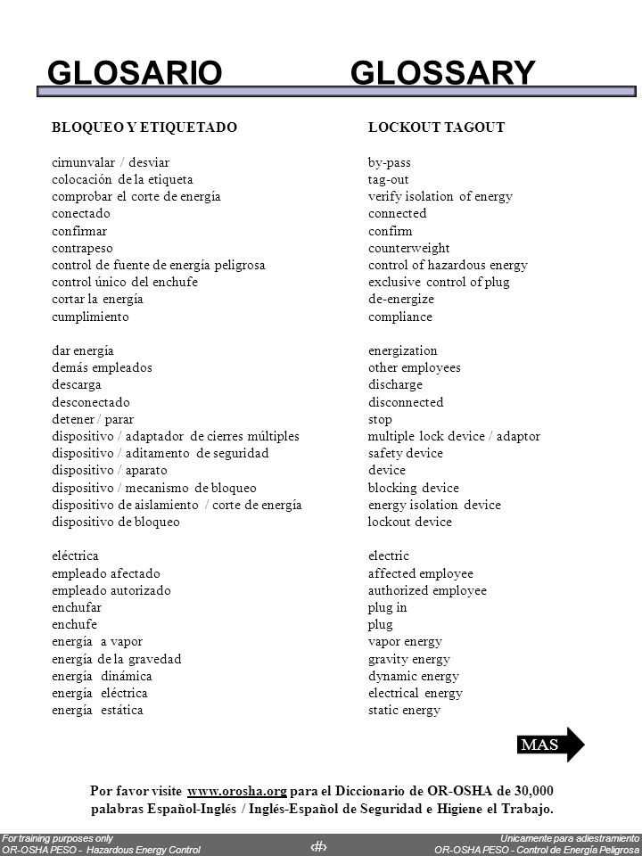 GLOSARIO GLOSSARY MAS BLOQUEO Y ETIQUETADO LOCKOUT TAGOUT