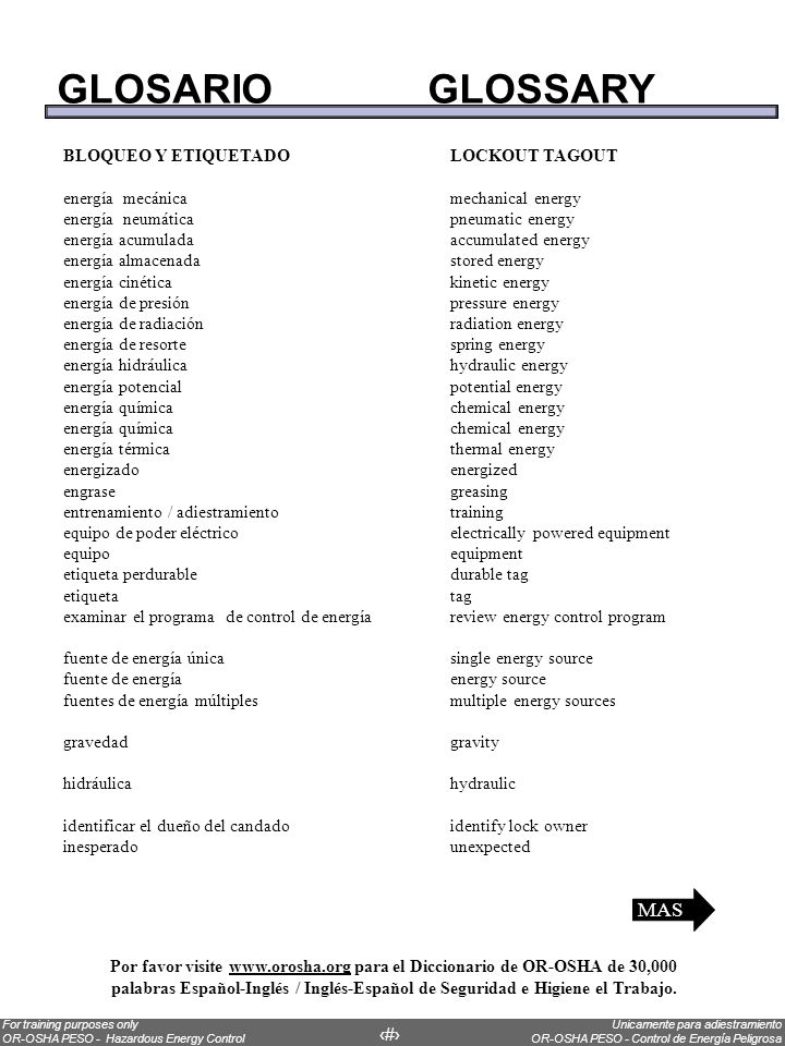 GLOSARIO GLOSSARY MAS BLOQUEO Y ETIQUETADO LOCKOUT TAGOUT