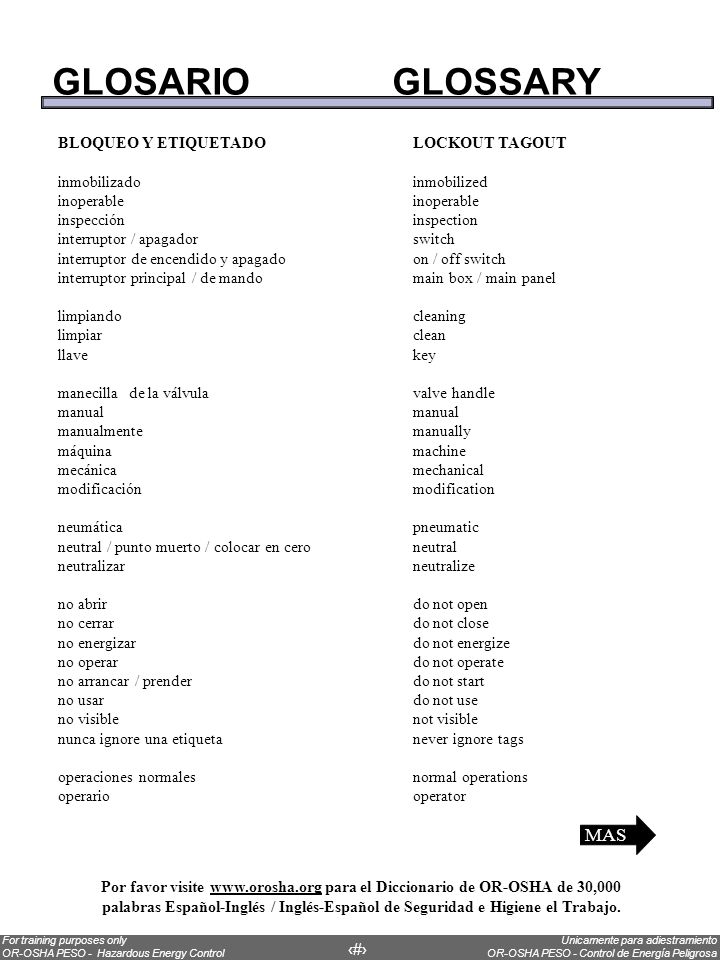 GLOSARIO GLOSSARY MAS BLOQUEO Y ETIQUETADO LOCKOUT TAGOUT