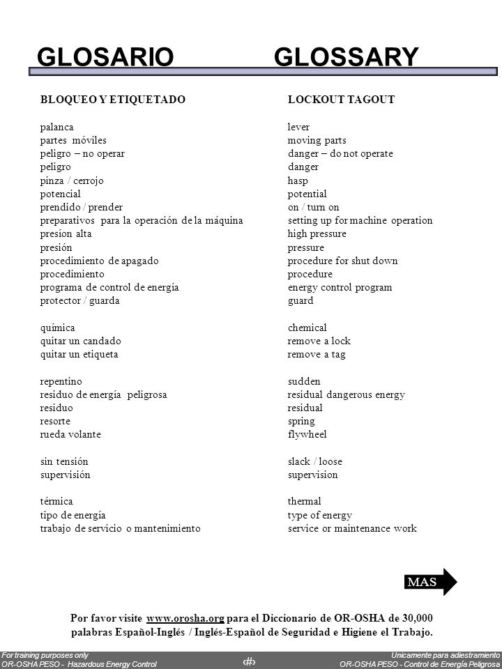 GLOSARIO GLOSSARY MAS BLOQUEO Y ETIQUETADO LOCKOUT TAGOUT