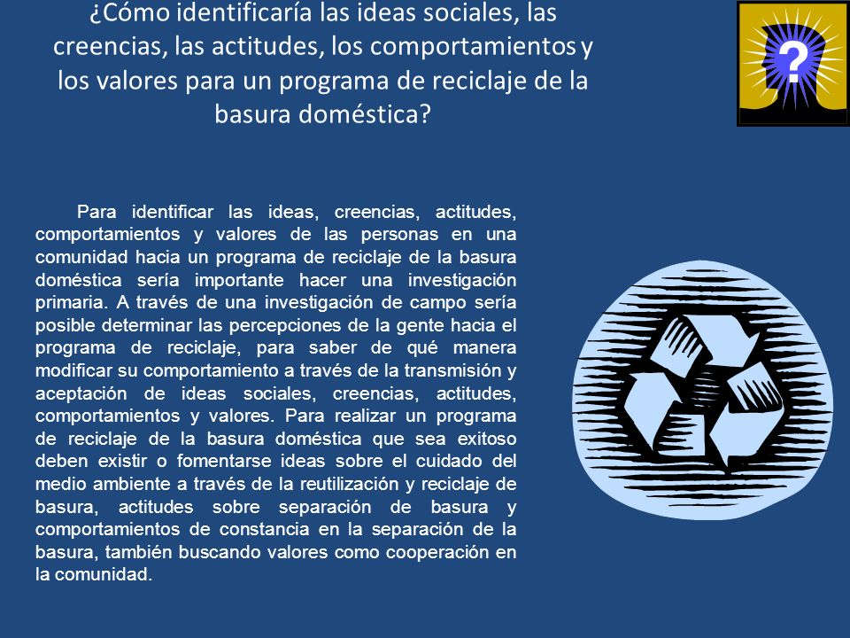 ¿Cómo identificaría las ideas sociales, las creencias, las actitudes, los comportamientos y los valores para un programa de reciclaje de la basura doméstica