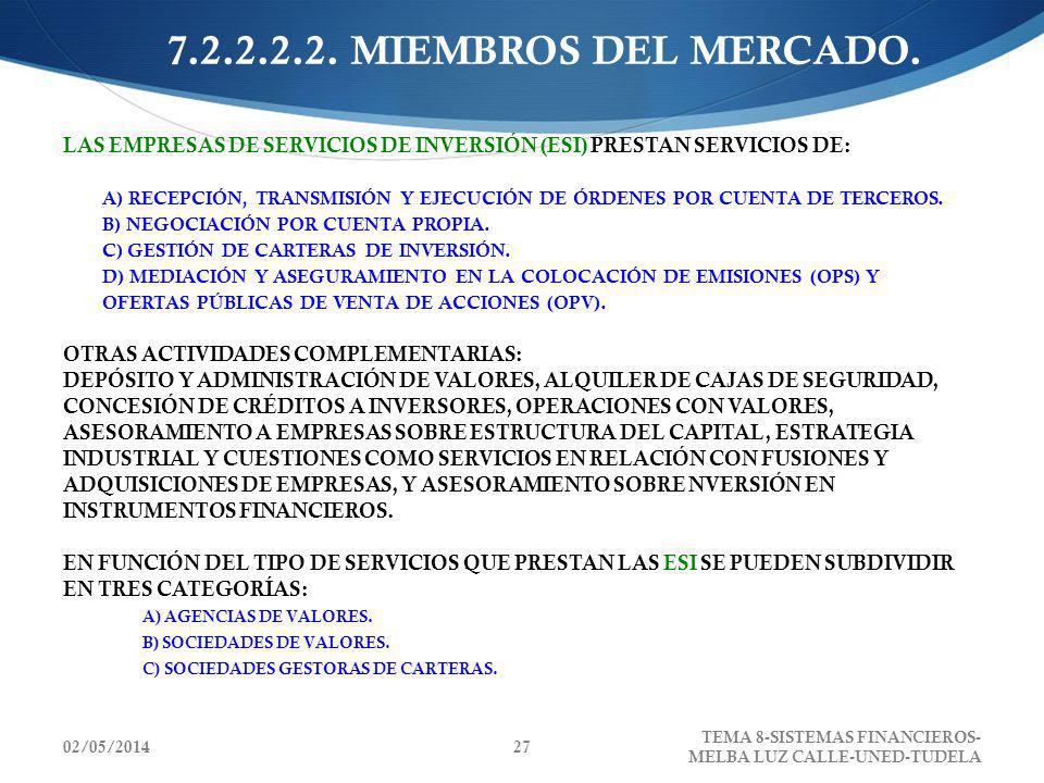 MIEMBROS DEL MERCADO. LAS EMPRESAS DE SERVICIOS DE INVERSIÓN (ESI) PRESTAN SERVICIOS DE: