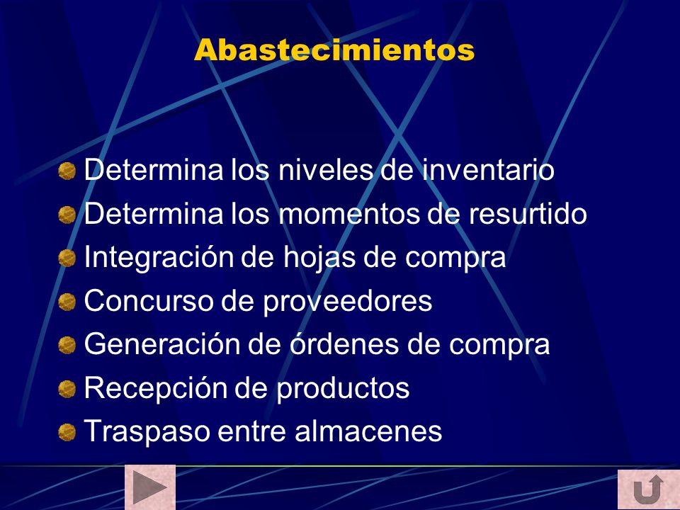 Abastecimientos Determina los niveles de inventario. Determina los momentos de resurtido. Integración de hojas de compra.