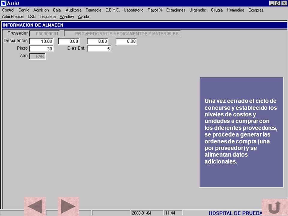Una vez cerrado el ciclo de concurso y establecido los niveles de costos y unidades a comprar con los diferentes proveedores, se procede a generar las ordenes de compra (una por proveedor) y se alimentan datos adicionales.