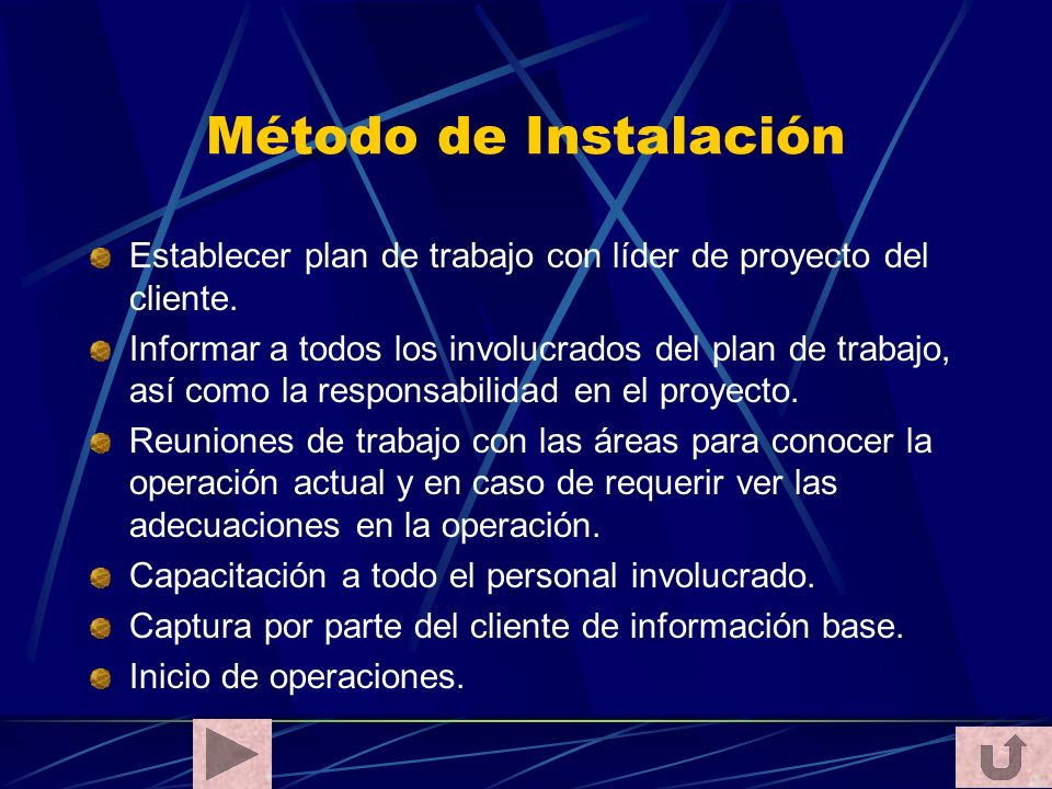 Método de Instalación Establecer plan de trabajo con líder de proyecto del cliente.