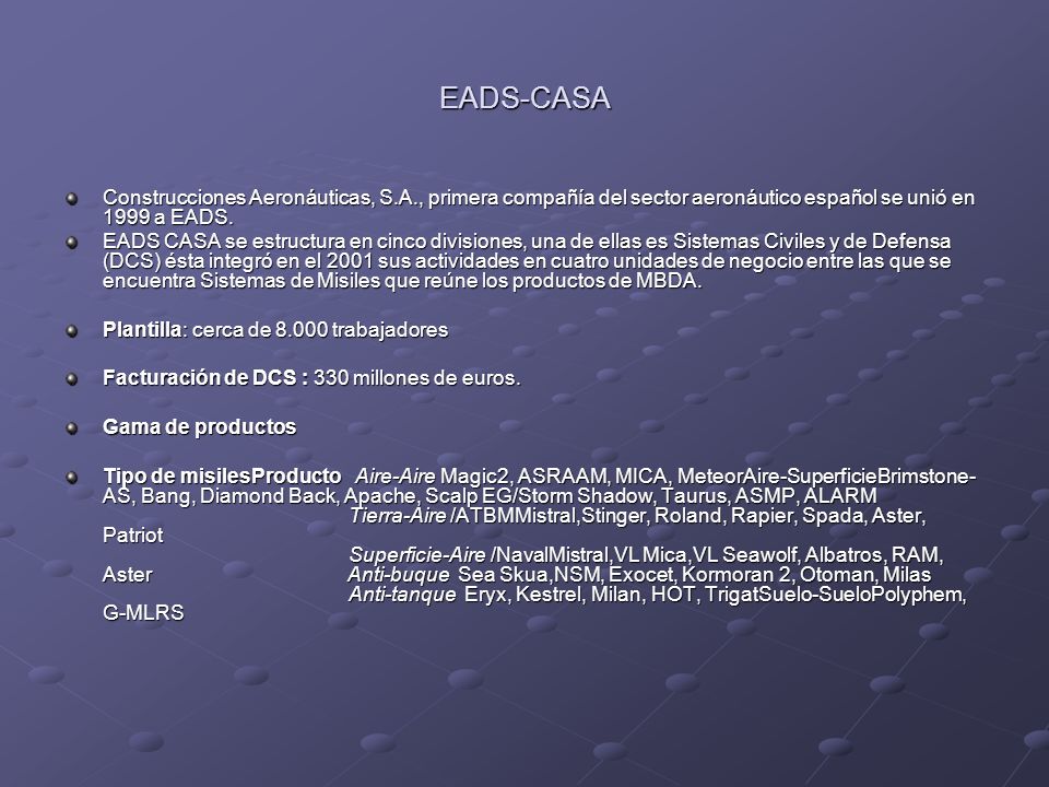 EADS-CASA Construcciones Aeronáuticas, S.A., primera compañía del sector aeronáutico español se unió en 1999 a EADS.