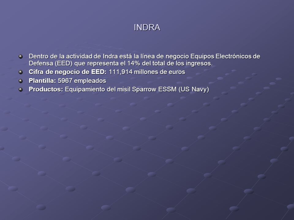 INDRA Dentro de la actividad de Indra está la línea de negocio Equipos Electrónicos de Defensa (EED) que representa el 14% del total de los ingresos.