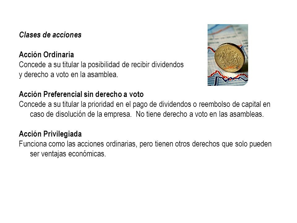 Clases de acciones Acción Ordinaria Concede a su titular la posibilidad de recibir dividendos y derecho a voto en la asamblea.