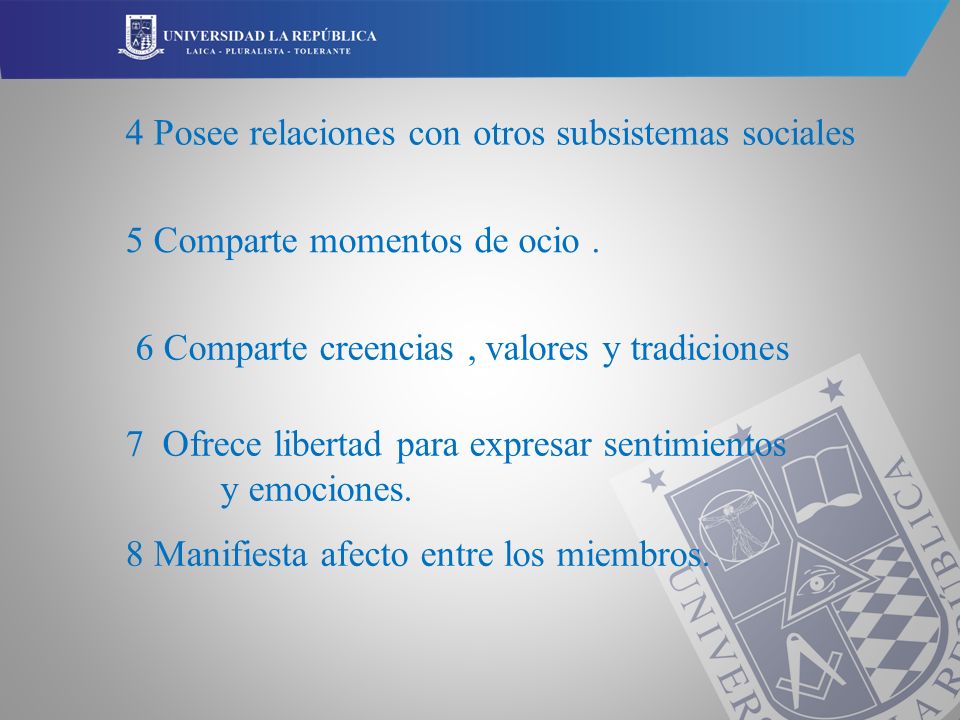 4 Posee relaciones con. otros subsistemas sociales. 5. Comparte momentos. de ocio . 6 Comparte creencias , valores y tradiciones.
