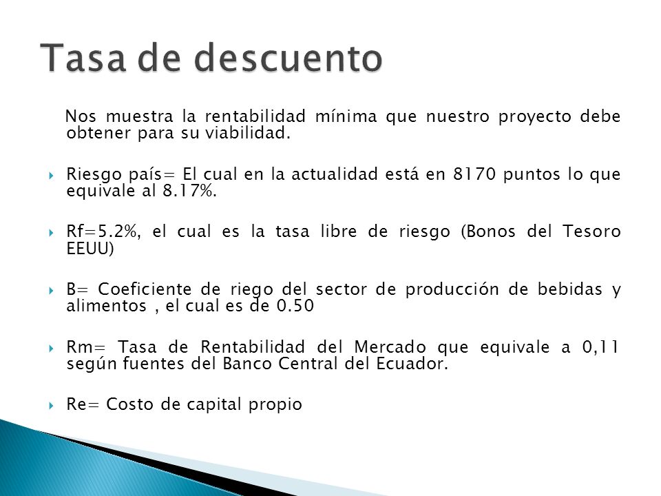 Tasa de descuento Nos muestra la rentabilidad mínima que nuestro proyecto debe obtener para su viabilidad.